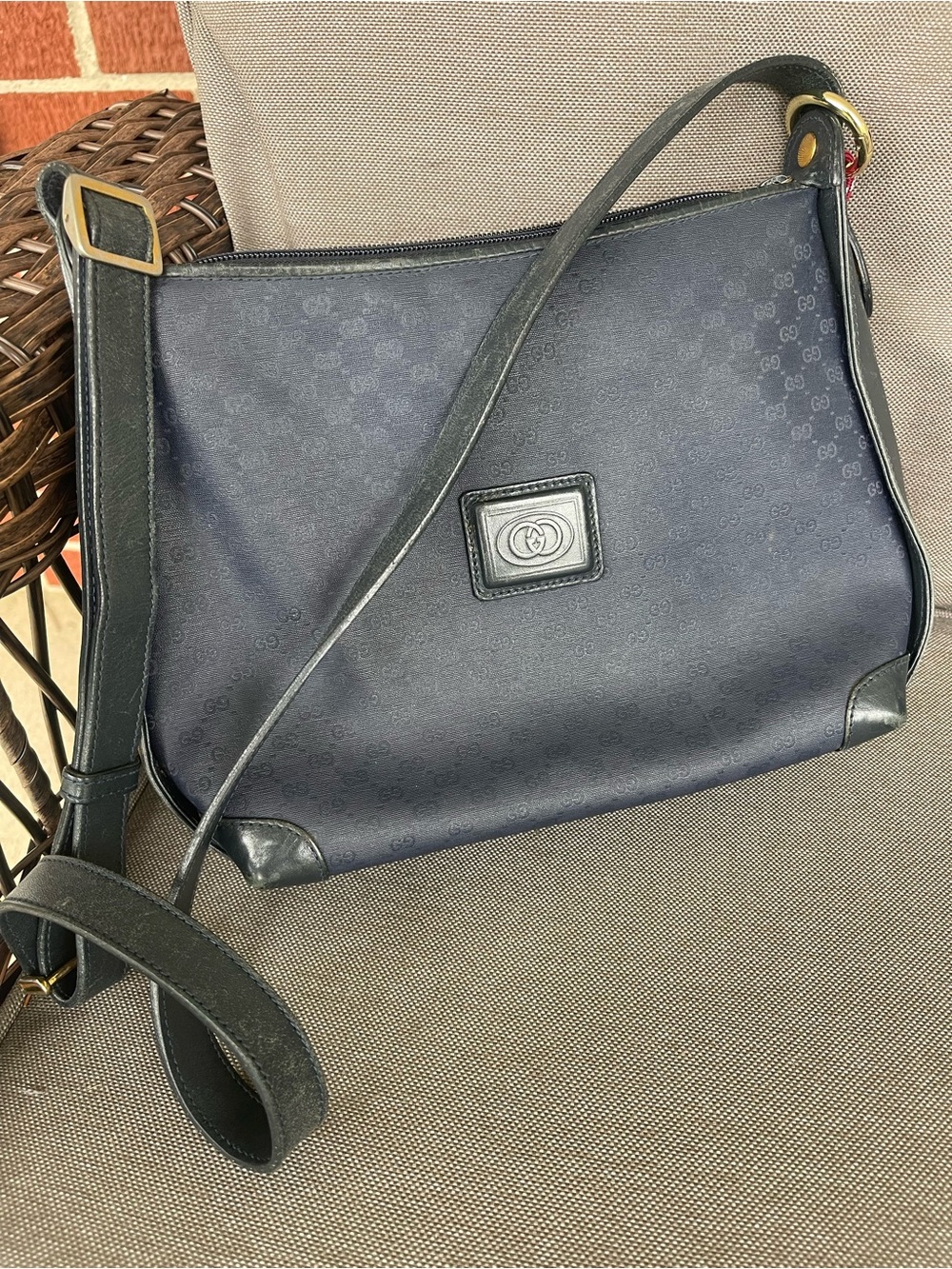 Gucci Black Navy GG Messenger Bag with Gold Hardware